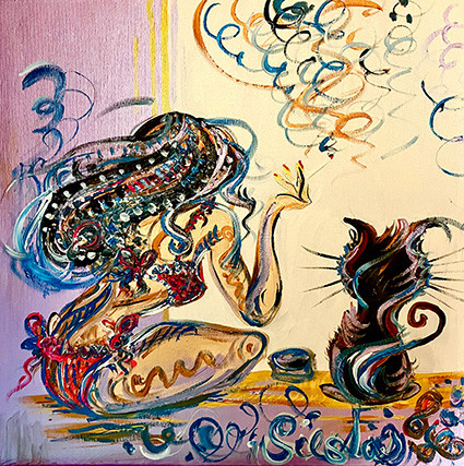 HOVORY S KOČKOU 2025 / 60x60 cm, akryl na plátně